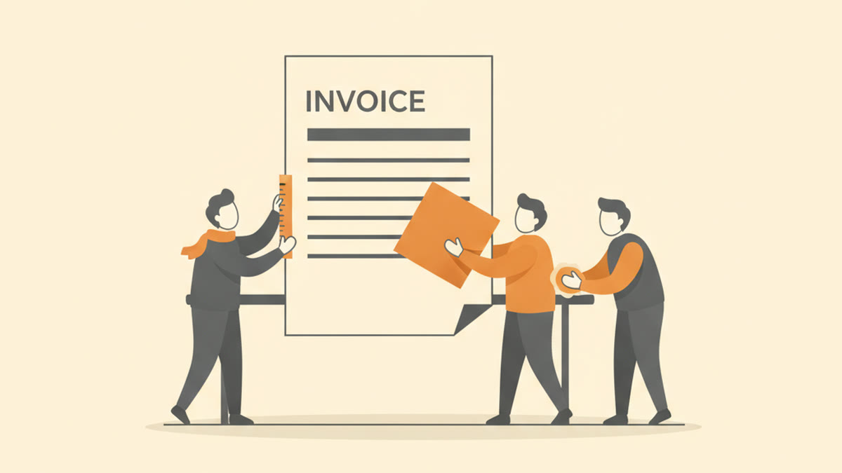 Illustration of a small team assembling and polishing one oversized invoice document