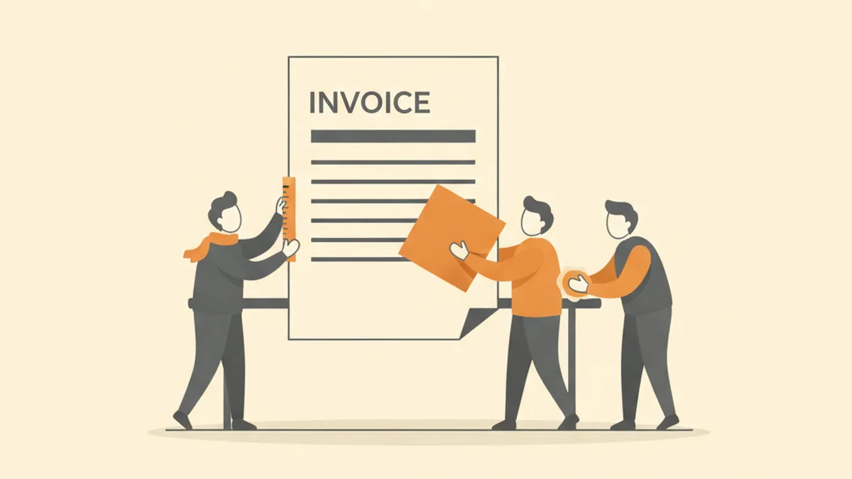 Illustration of a small team assembling and polishing one oversized invoice document