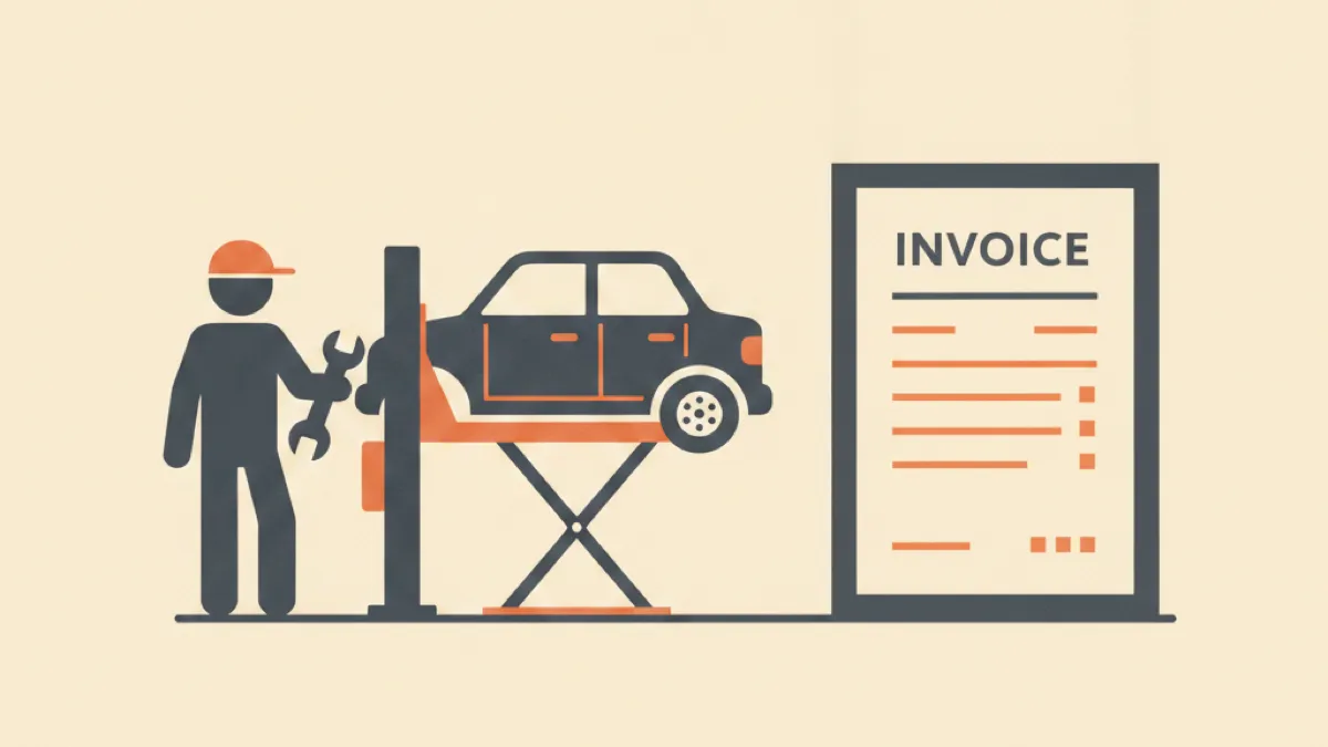 Illustration of a mechanic with a wrench beside a car on a two-post lift and an invoice