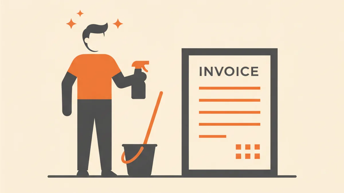 Illustration of a cleaner with a spray bottle and bucket beside a cleaning invoice