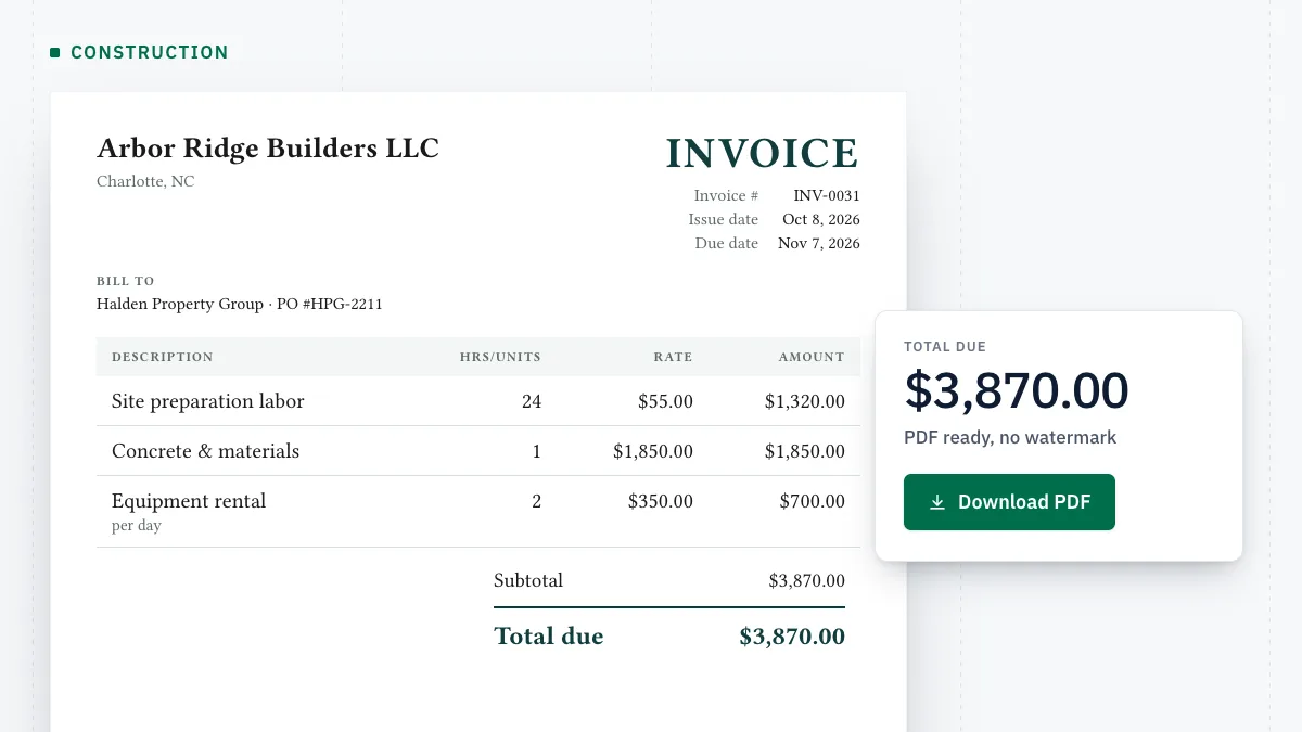 Construction invoice from Arbor Ridge Builders LLC: site preparation labor, concrete & materials and equipment rental, $3,870.00 due, with the Download PDF button beside it