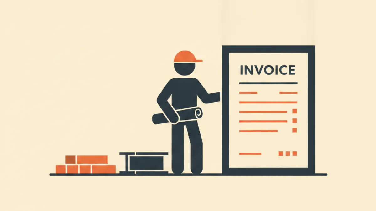 Illustration of a contractor in a hard hat with blueprints beside building materials and an invoice