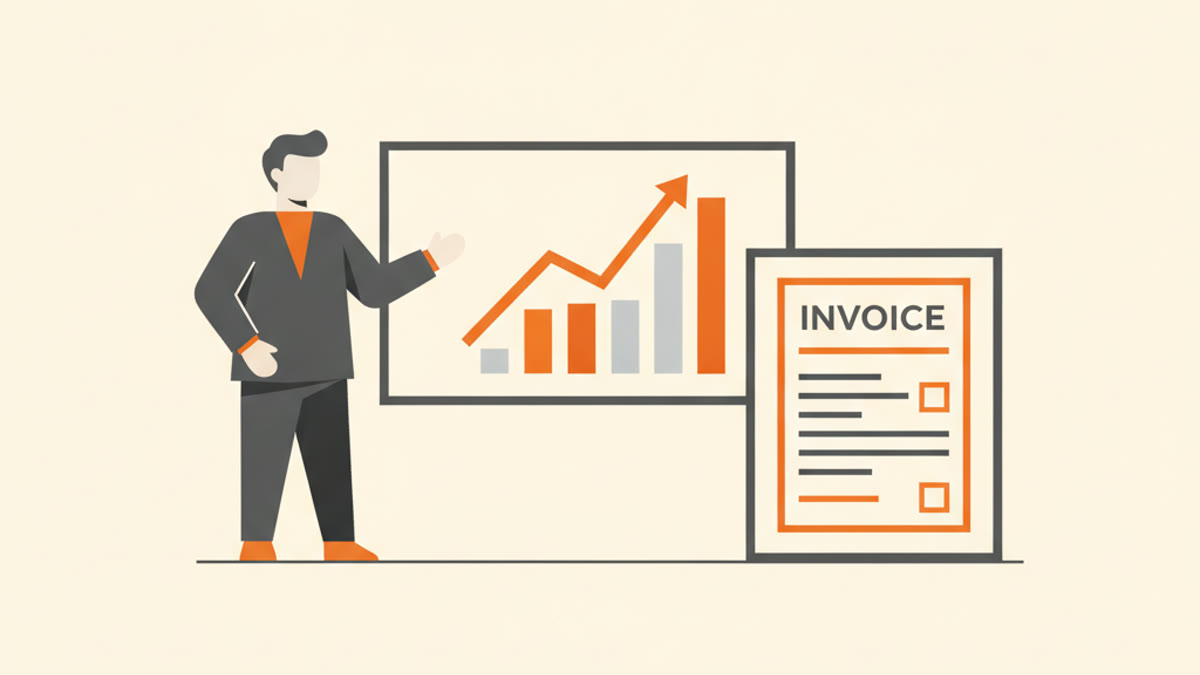 Illustration of a consultant presenting a rising chart beside an invoice document