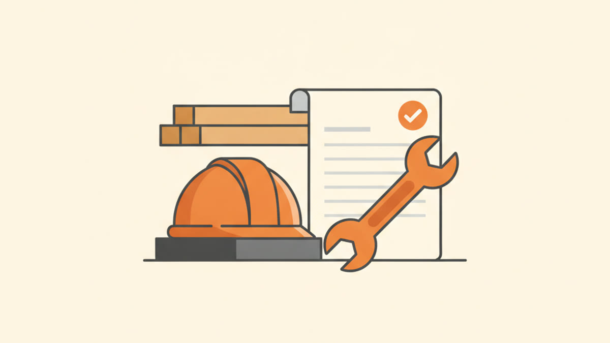 Illustration of a contractor's hard hat and wrench beside a finished invoice