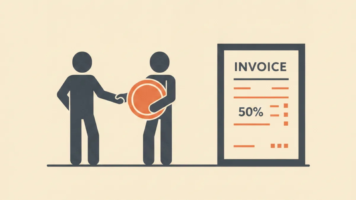 Illustration of a handshake over a deposit invoice showing an upfront payment line