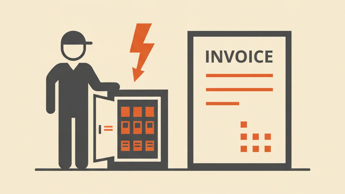 Illustration of an electrician with a lightning bolt and breaker panel beside an invoice