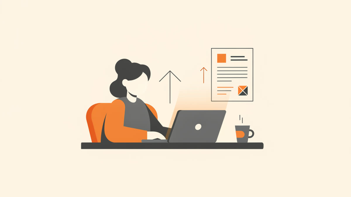 Illustration of a freelancer at a laptop with a finished invoice beside the screen