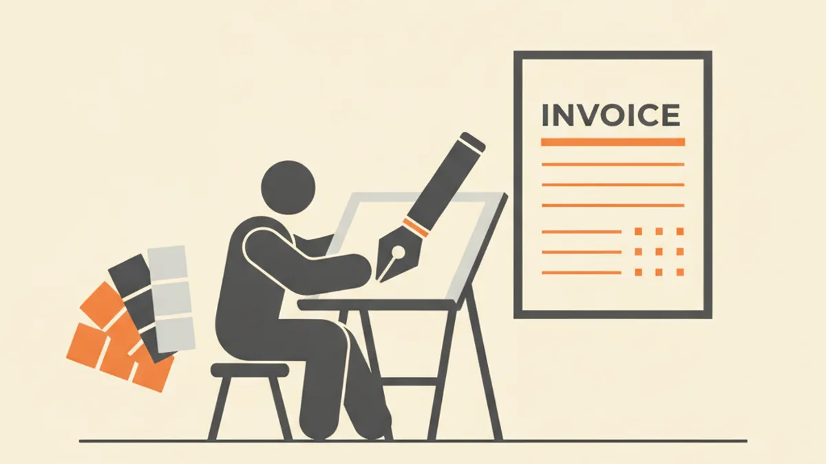 Illustration of a pen tool and color swatches beside a graphic design invoice