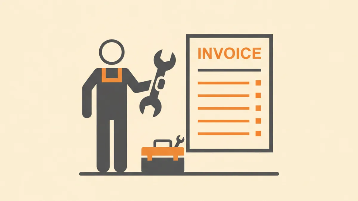 Illustration of a handyman with a wrench and toolbox beside a handyman invoice
