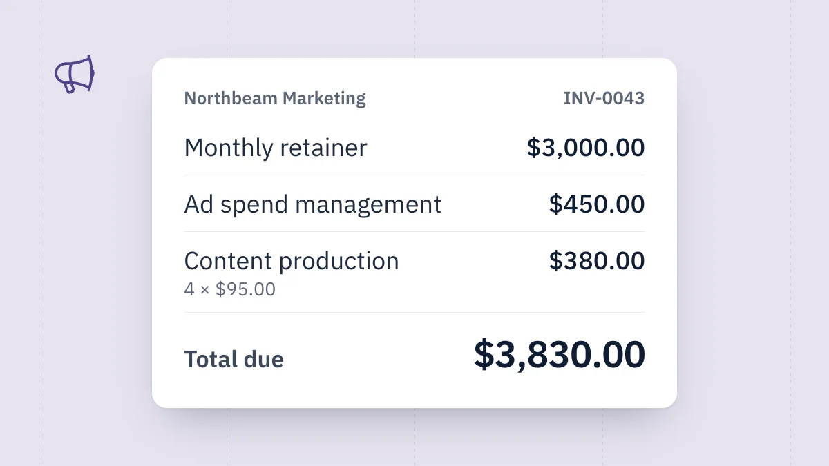 Invoice from Northbeam Marketing: monthly retainer, $3,000.00; ad spend management, $450.00; content production, 4 × $95.00, $380.00. Total due $3,830.00.