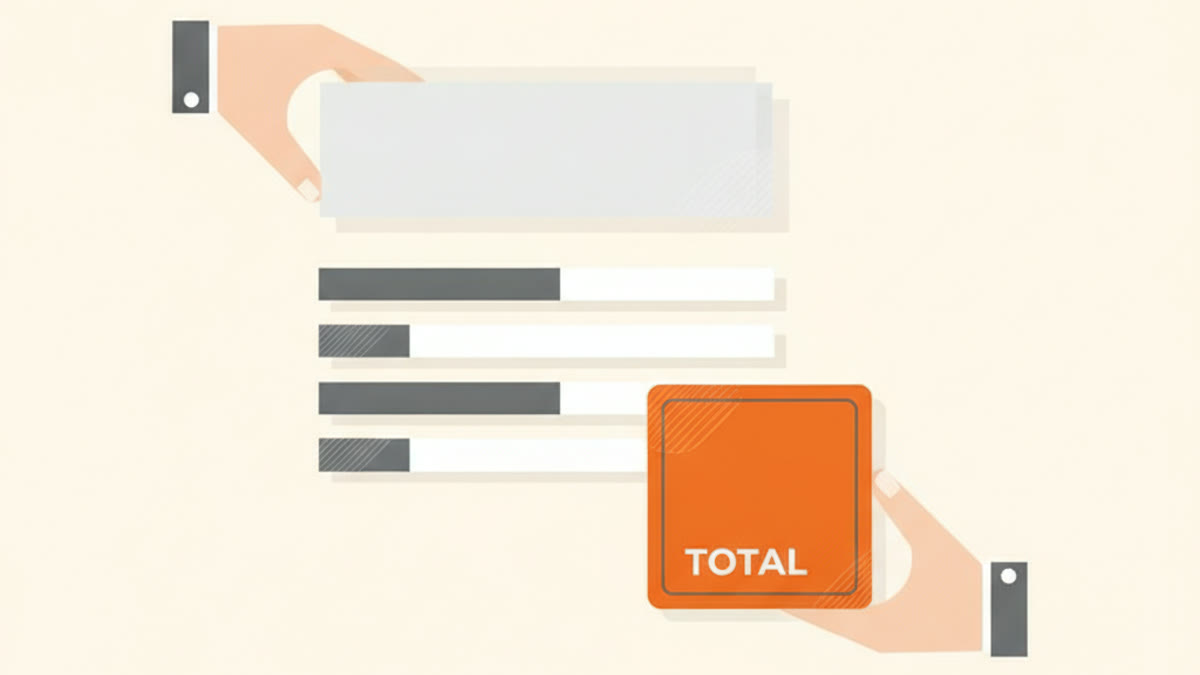 Illustration of a professional invoice being assembled from blocks, with a prominent orange total