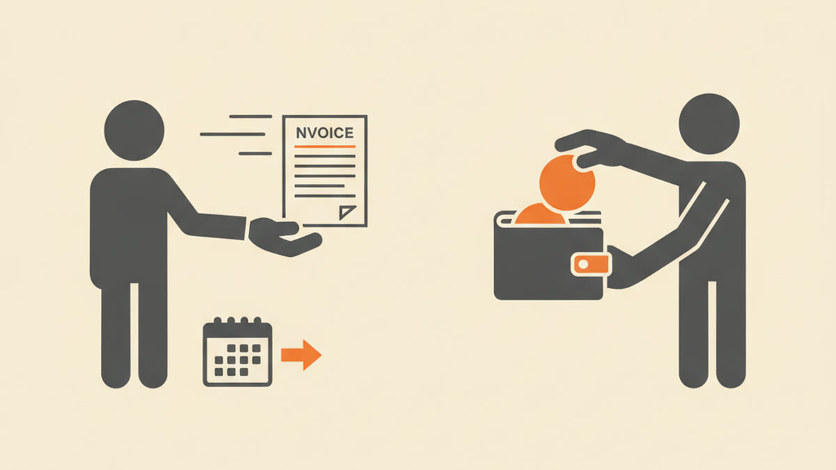 Illustration of an invoice flying with speed lines from one person toward another holding a wallet