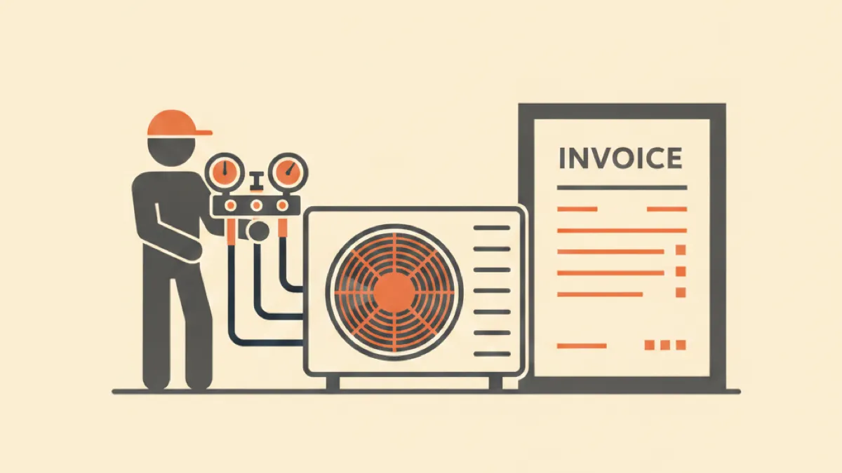 Illustration of an HVAC technician with gauges beside a condenser unit and an invoice