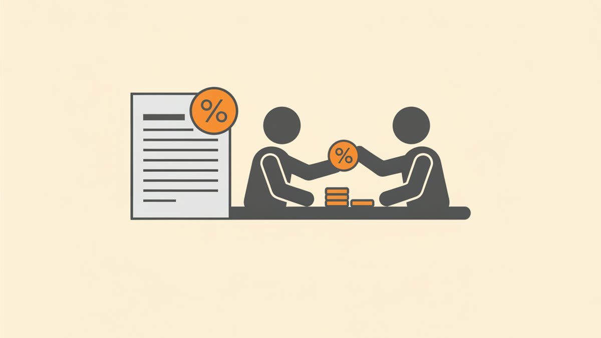Illustration of a person handing a coin across a desk next to a large invoice with a percent badge
