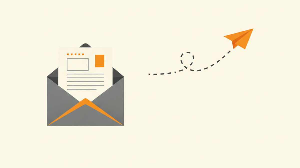 Illustration of an invoice sliding out of an envelope with a paper plane flying away