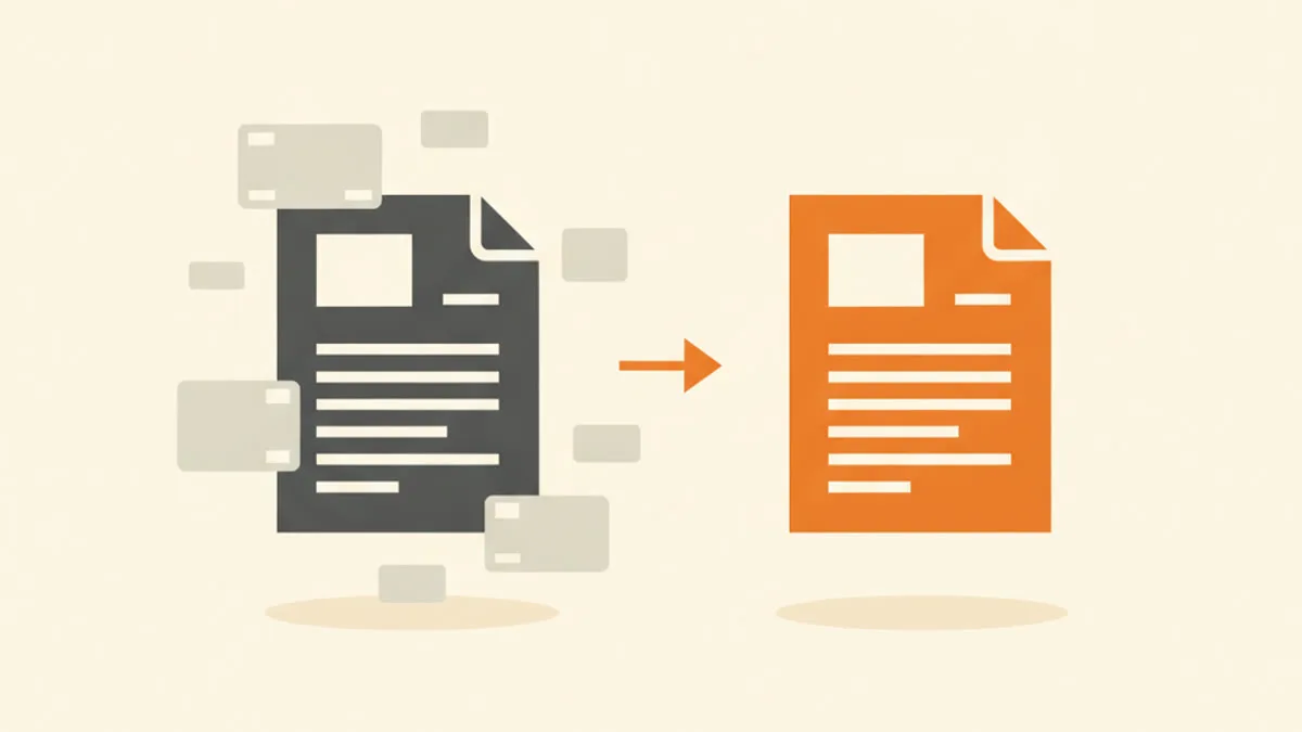 Illustration of a gray invoice surrounded by small floating banners on the left and a clean orange invoice on the right, with an arrow between them