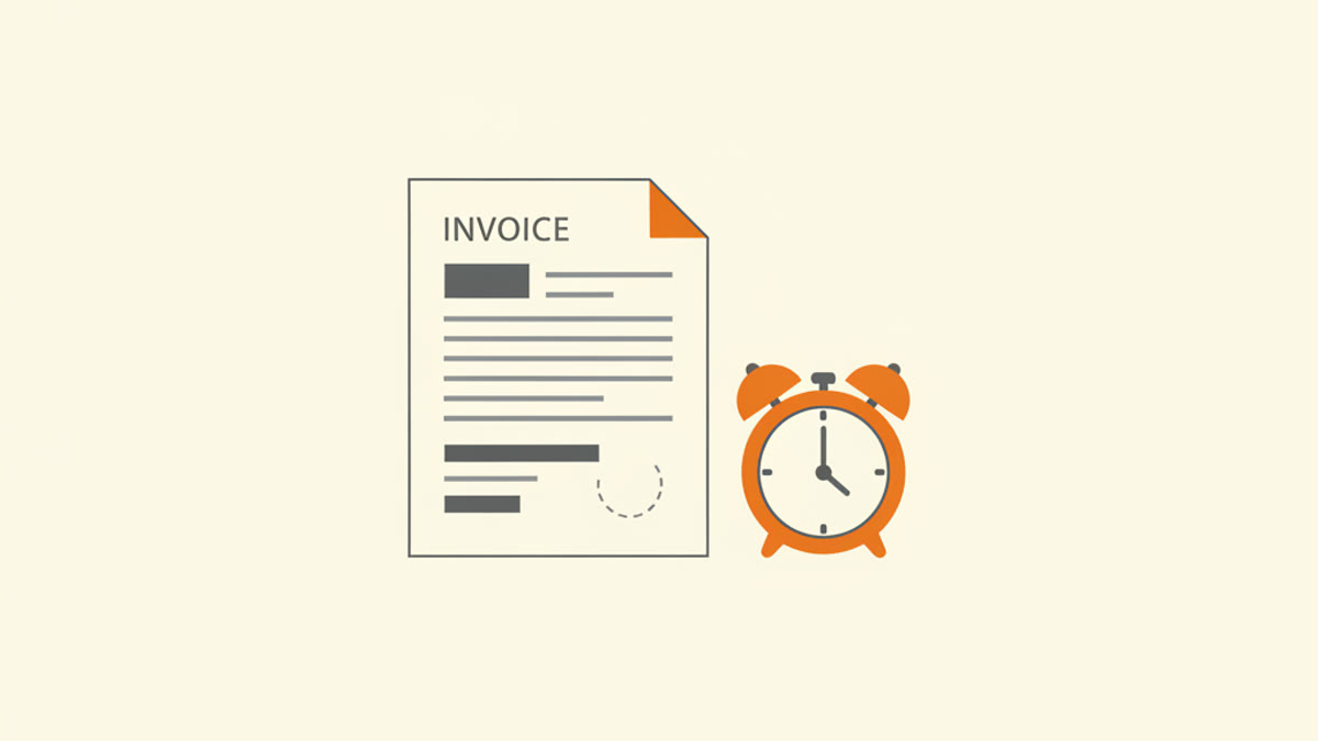 Illustration of an invoice with a small orange alarm clock beside it