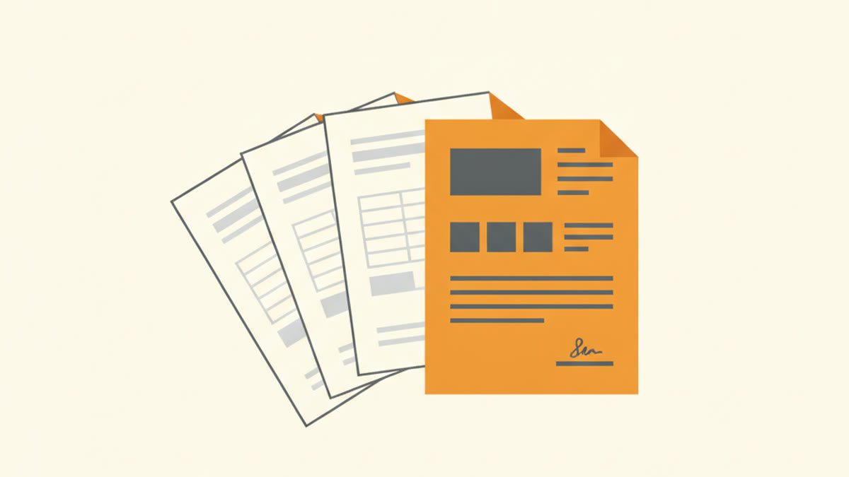 Illustration of a fan of sequential invoice documents with orange corner tabs