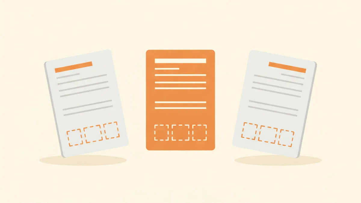Illustration of two gray invoice documents facing each other with an orange invoice standing between them