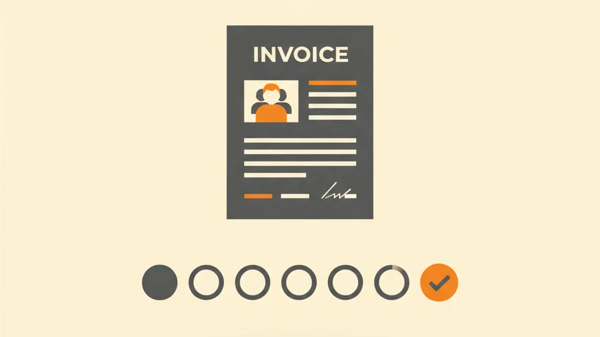 Illustration of an invoice with a progress path of orange status dots from draft to paid