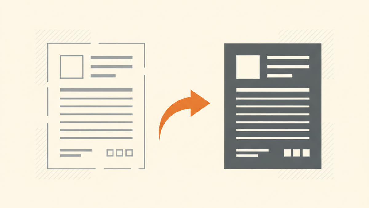 Illustration of a sketched outline document transforming into a finished invoice, connected by an orange arrow