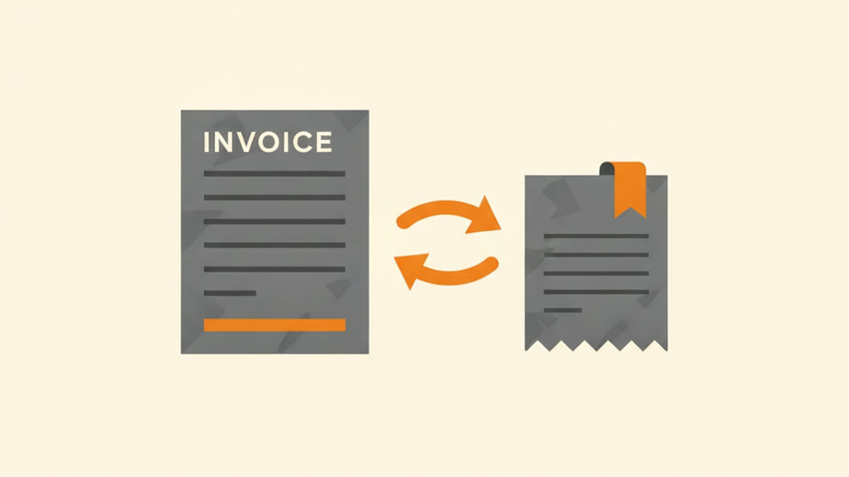 Illustration of an invoice and a receipt facing each other with a two-way arrow between them
