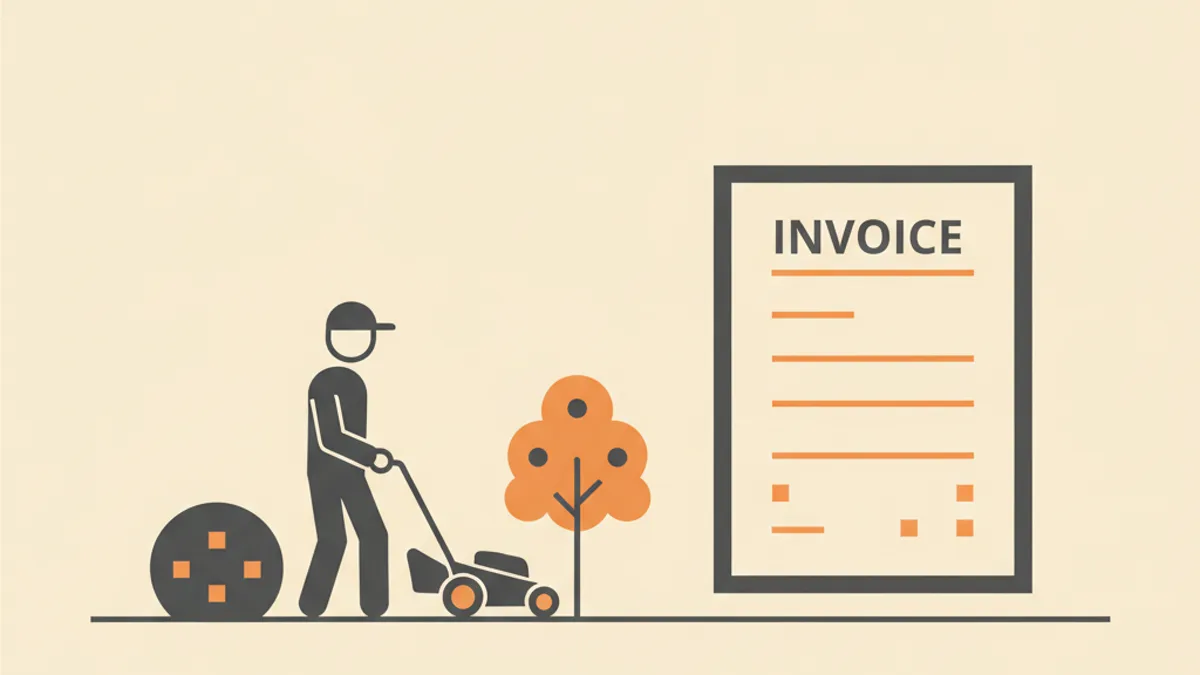 Illustration of a landscaper with a lawn mower and shrubs beside a landscaping invoice