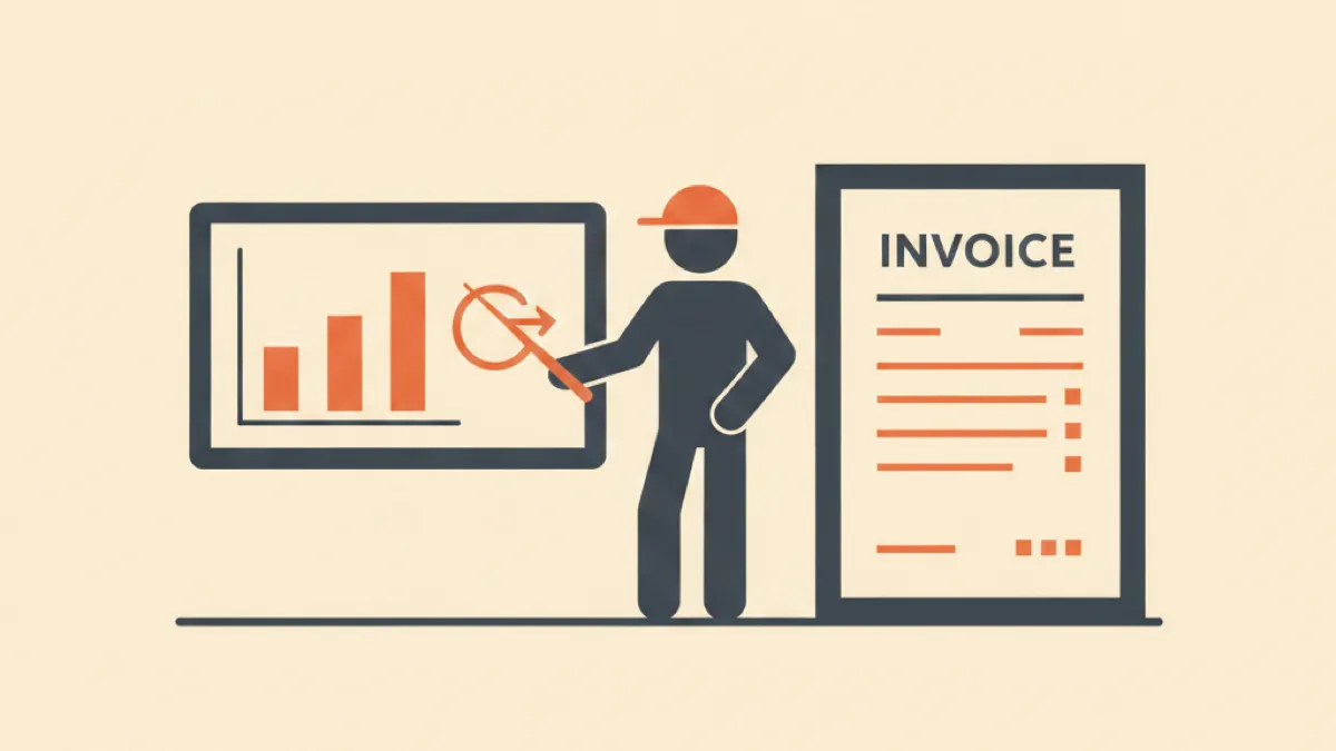 Illustration of a marketer beside a rising bar chart and an invoice