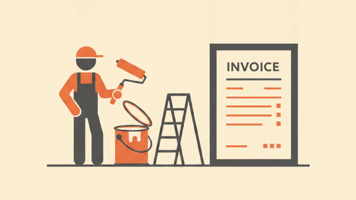 Illustration of a painter with a roller beside a paint can, stepladder and an invoice