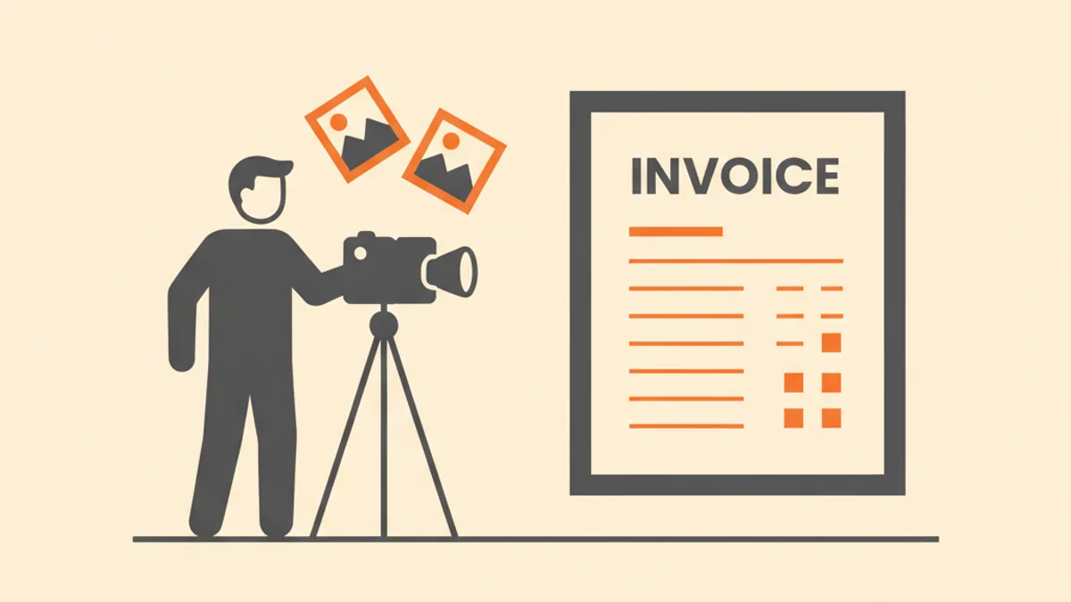 Illustration of a camera on a tripod beside a photography invoice with photo prints