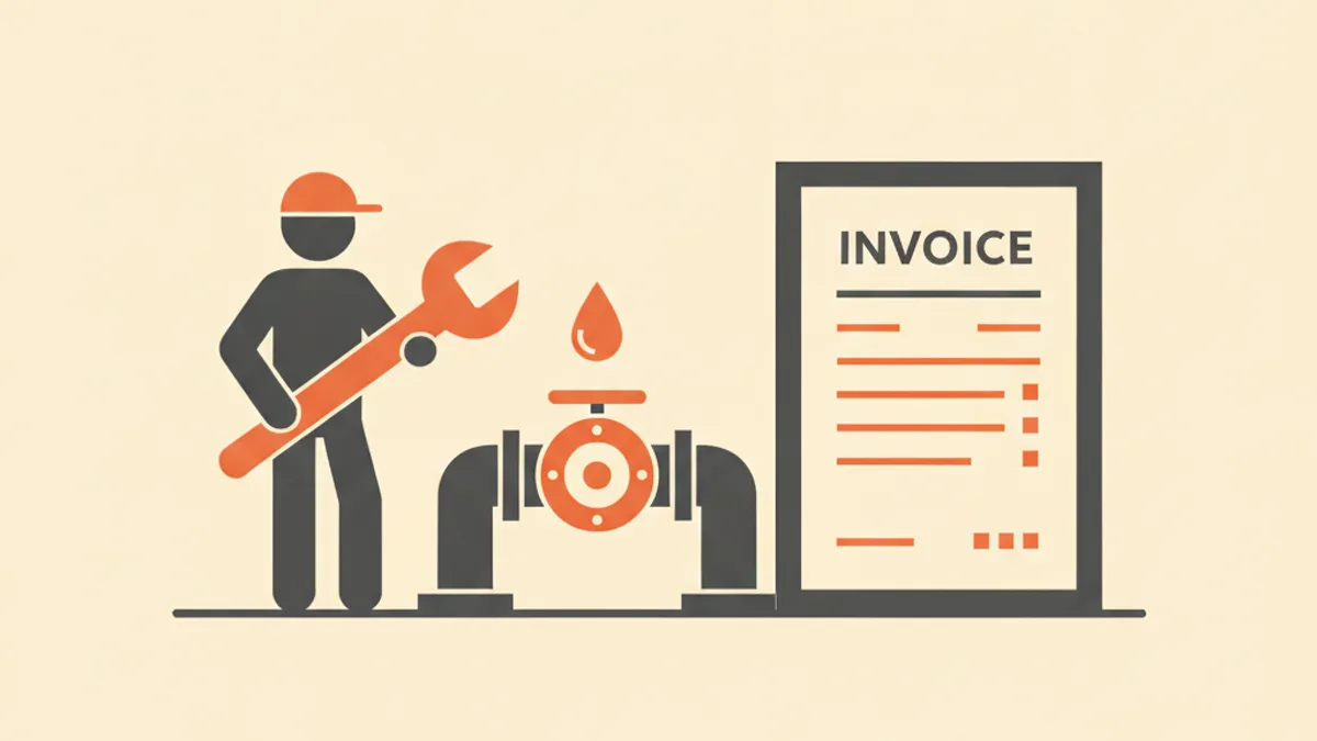 Illustration of a plumber with a pipe wrench beside a plumbing invoice