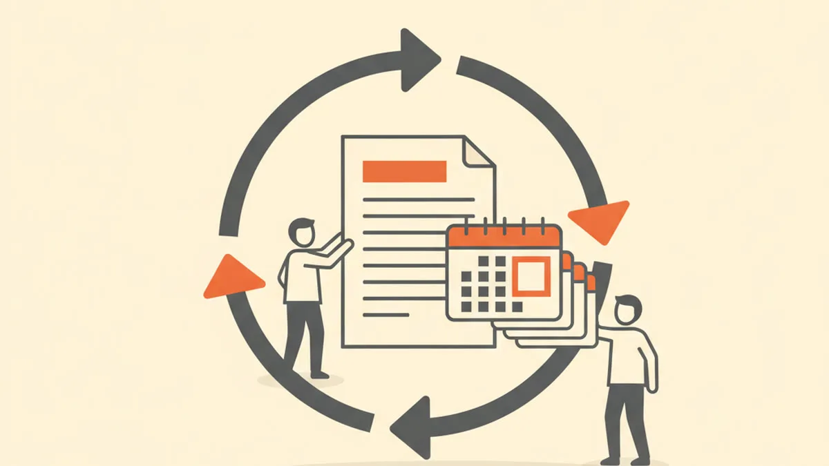 Illustration of an invoice inside a circular repeating arrow with calendar pages