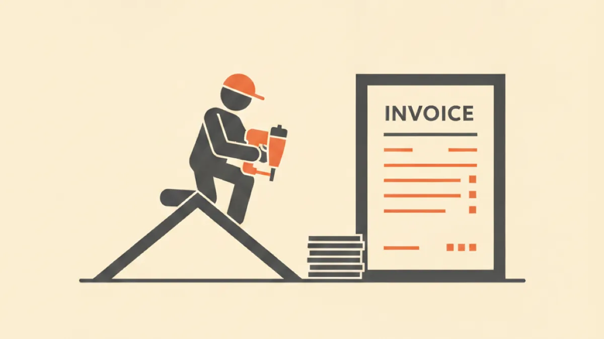 Illustration of a roofer with a nail gun on a roof beside a stack of shingles and an invoice