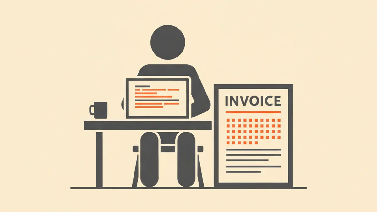 Illustration of a developer at a laptop with code beside a software invoice