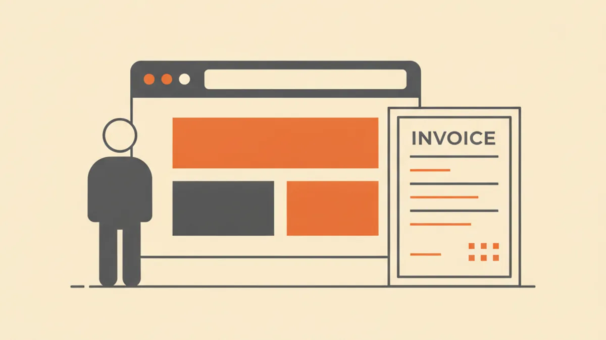 Illustration of a browser window wireframe beside a web design invoice
