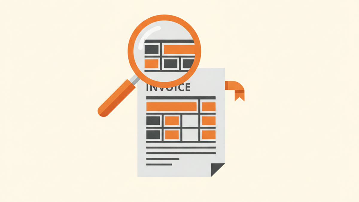 Illustration of an invoice document examined under a large magnifying glass