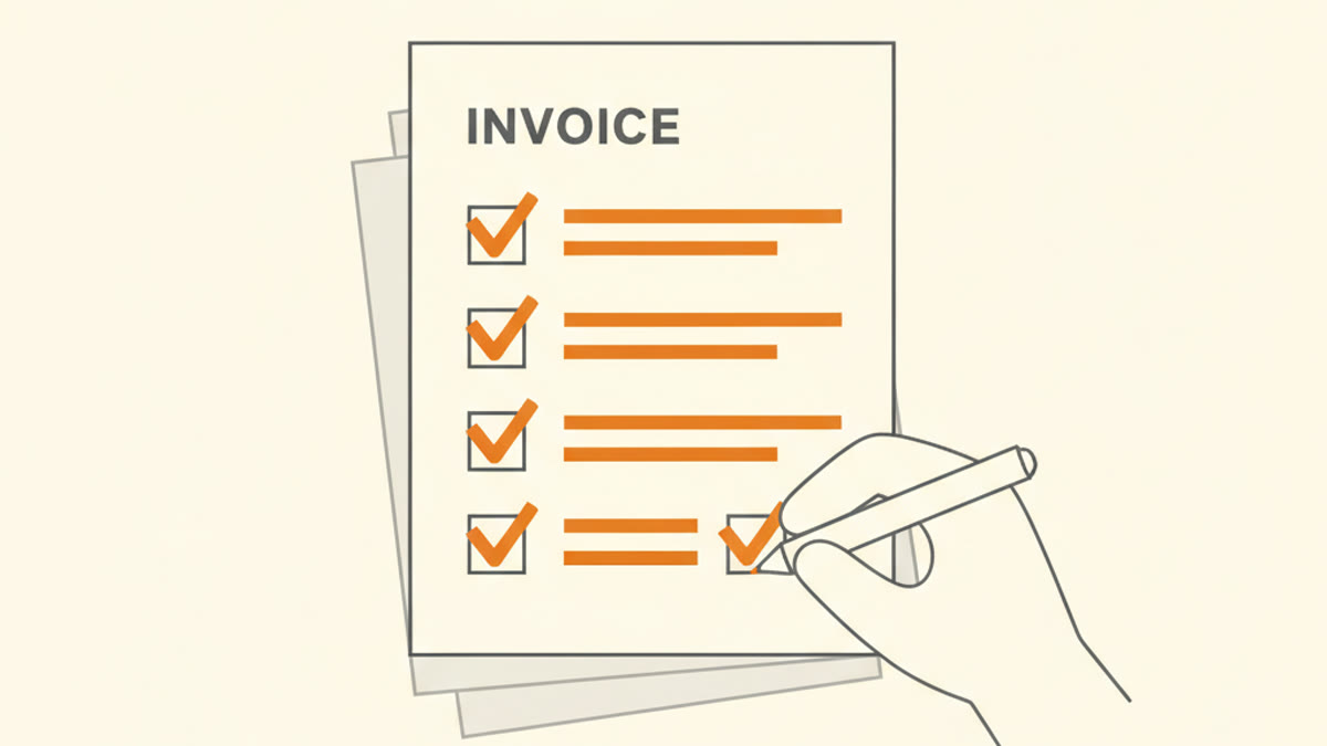 Illustration of an invoice as a checklist with orange checkmarks being ticked