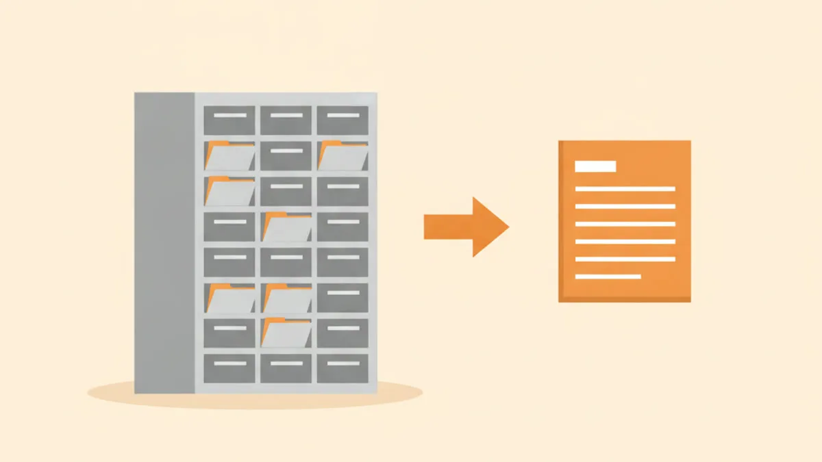 Illustration of a tall gray cabinet full of drawers and folders on the left and a single clean orange invoice sheet on the right, with an arrow between them